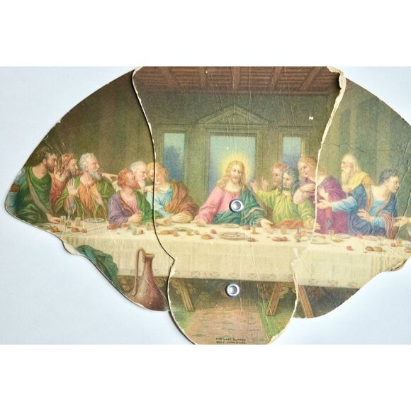 Vintage Funeral Home Last Supper Expandable Hand Fan Cardboard Paper - Picture 3 of 5